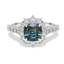 Load image into Gallery viewer, 14K White Gold 1.2 Carat Cushion Teal Sapphire Halo Engagement Ring
