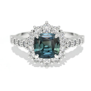 14K White Gold 1.2 Carat Cushion Teal Sapphire Halo Engagement Ring