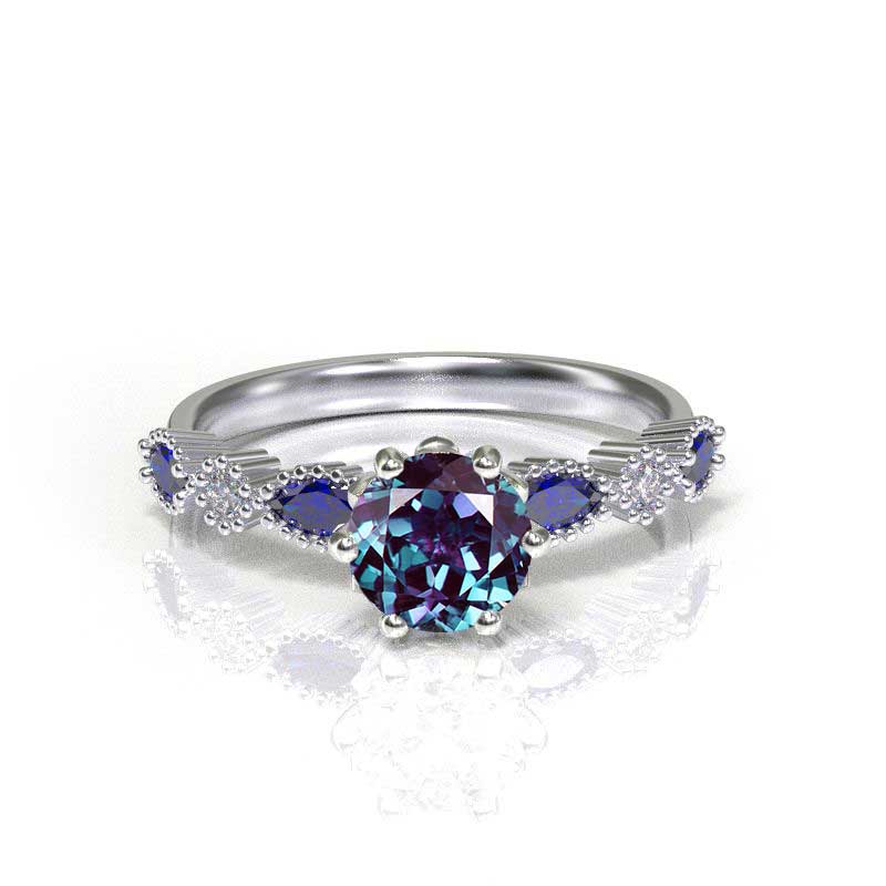 1.0 Carat Alexandrite and Sapphire White Gold Ring I 14K White  Gold- 6 Accent