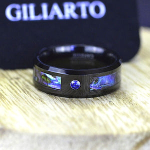 Genuine Abalone Shell with Sapphire Men's Tungsten Carbide Ring