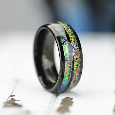 Abalone Shell and Fire Opal Engagement Men's Tungsten Carbide Ring