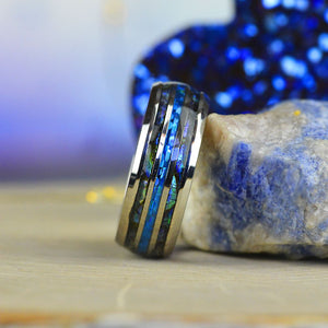 BLUE OPAL:  Center blue opal inlay, makes the ring brilliant and beautiful. ABALONE SHELL:  Abalone