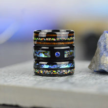 Load image into Gallery viewer, Abalone Shell and Fire Opal Engagement Men&#39;s Tungsten Carbide Ring
