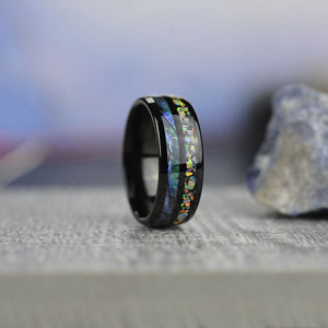 Abalone Shell and Fire Opal Engagement Tungsten Carbide Ring