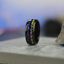 Load image into Gallery viewer, Abalone Shell and Fire Opal Engagement Men&#39;s Tungsten Carbide Ring
