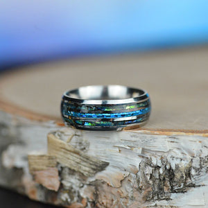 BLUE OPAL:  Center blue opal inlay, makes the ring brilliant and beautiful. ABALONE SHELL:  Abalone