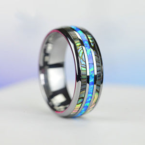 Genuine Australian Blue Fire Opal with Abalone Shell Tungsten Ring For Him For Her