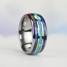 Load image into Gallery viewer, BLUE OPAL:  Center blue opal inlay, makes the ring brilliant and beautiful. ABALONE SHELL:  Abalone
