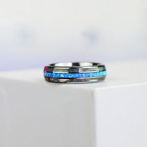 Genuine Australian Blue Fire Opal with Abalone Shell Tungsten Ring For Her