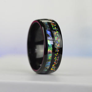 Abalone Shell and Fire Opal Engagement Men's Tungsten Carbide Ring