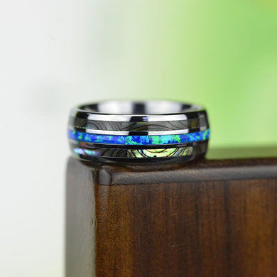 Genuine Australian Blue Fire Opal with Abalone Shell Tungsten Ring