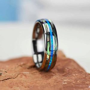 Genuine Australian Blue Fire Opal with Abalone Shell Tungsten Ring