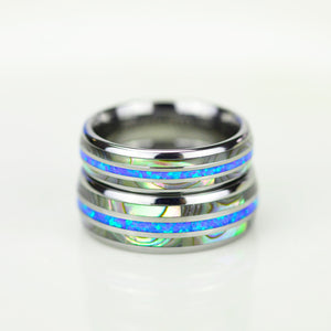 Genuine Australian Blue Fire Opal with Abalone Shell Tungsten Ring