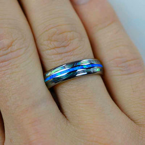 Genuine Australian Blue Fire Opal with Abalone Shell Tungsten Ring