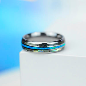 Genuine Australian Blue Fire Opal with Abalone Shell Tungsten Ring