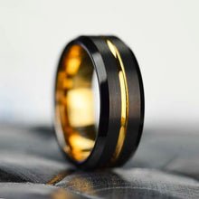 Load image into Gallery viewer, Tungsten Ring Black and Silver Brushed with Yellow Gold Accent, Mens Ring, Mens Wedding Band, Dual color Mens band, Birthday Gift
