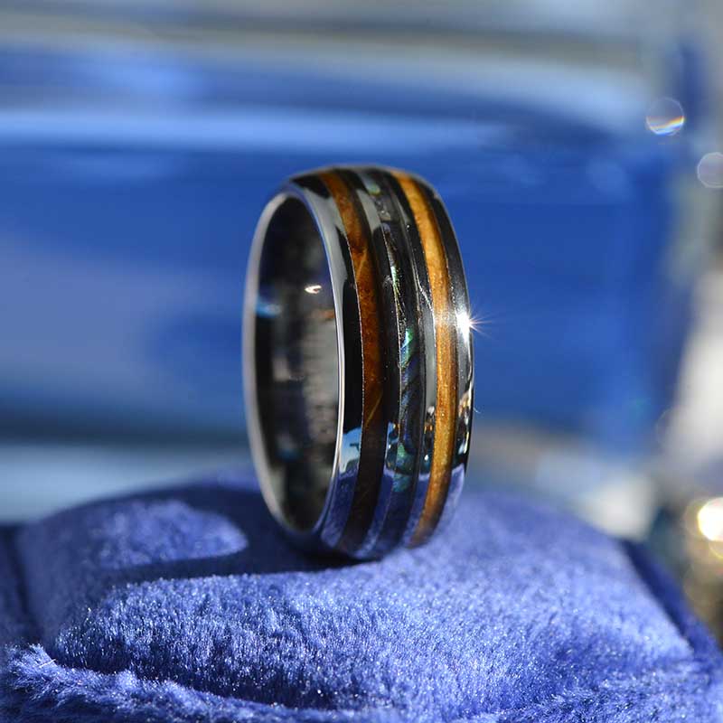 Abalone & Whiskey Barrel Wood Ring Mens Wedding Band Tungsten Ring