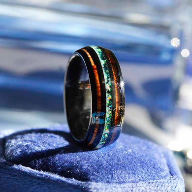 Natural Fire Opal Tungsten Wedding Ring with Hawaii Koa Wood