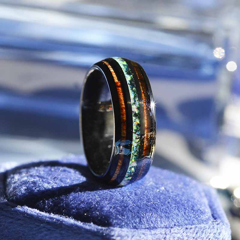 Natural Fire Opal Tungsten Wedding Ring with Hawaii Koa Wood For Him