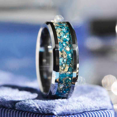 Genuine Crushed Raw Blue and White Sapphire Men's Tungsten Ring