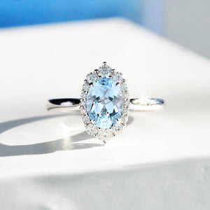 14K White Gold 3 Carat Oval Aquamarine Halo Engagement Ring