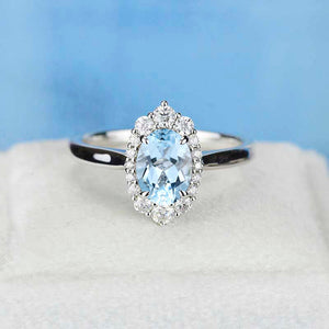 14K White Gold 2 Carat Oval Genuine Aquamarine Halo Engagement Ring Set