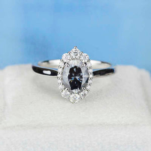 14K White Gold 2 Carat Oval Dark Gray Blue Moissanite Halo Engagement Ring