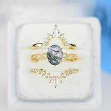 Load image into Gallery viewer, 14K Yellow Gold Oval Genuine Moss Agate Halo Engagement Ring  with Two Eternity Rings Set
