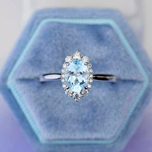 14K White Gold 2 Carat Oval Genuine Aquamarine Halo Engagement Ring Set