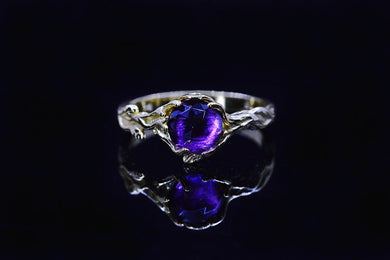 Silver Dainty Natural Amethyst Ring.  Round Amethyst  Floral Twig  Ring