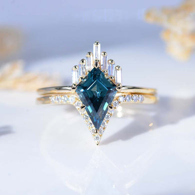 3 Carat Kite Teal Sapphire Halo 14K Gold  Engagement Ring, Eternity Ring Set