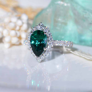 14K Solid White Gold 3 Carat Emerald  Pear Cut Halo Moissanite Ring