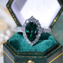 Load image into Gallery viewer, 14K Solid White Gold 3 Carat Emerald  Pear Cut Halo Moissanite Ring

