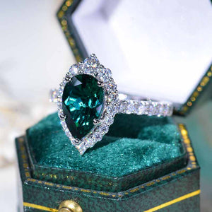 14K Solid White Gold 3 Carat Emerald  Pear Cut Halo Moissanite Ring
