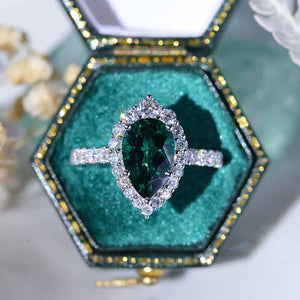 14K Solid White Gold 3 Carat Emerald  Pear Cut Halo Moissanite Ring