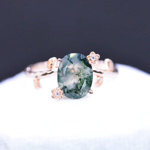 14K Rose Gold Dainty Natural Moss Agate Leaf Ring, 2ct Oval Agate Twig Ring, Rose Gold Ring Unique Curved Vintage Floral Ring