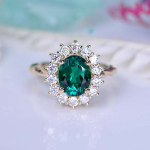 3 CT Oval Halo Emerald Vintage Wedding Ring. 14K Solid Gold Engagement Ring Anniversary Ring, Baguette Double Halo Ring