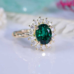 3 CT Oval Halo Emerald Vintage Wedding Ring. 14K Solid Gold Engagement Ring Anniversary Ring, Baguette Double Halo Ring