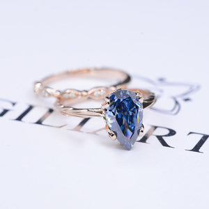 3 Carat Pear Shaped Dark Gray Blue Moissanite  Engagement Eternity Rose Gold Ring Set