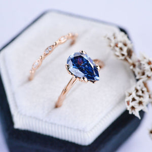 3 Carat Pear Shaped Dark Gray Blue Moissanite  Engagement Eternity Rose Gold Ring Set