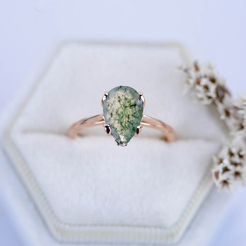 3 Carat Pear Genuine Moss Agate Engagement Ring