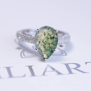 3 Carat Pear Cut Genuine Moss Agate Hidden Halo Gold Engagement Ring