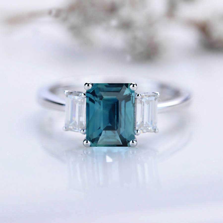 2Ct Emerald cut Teal Sapphire ring, Teal Sapphire three stone ring, Teal  Sapphire and moissanite ring, Teal Sapphire emerald cut ring