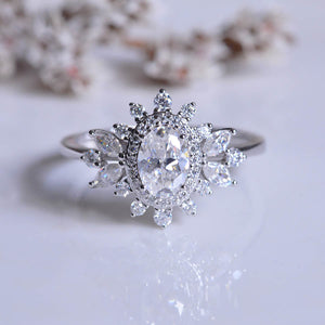 14K White Gold 1.5 Carat Oval Snowflake Halo Engagement Ring