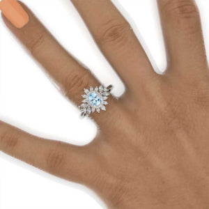 14K White Gold 1.5 Carat Oval Genuine Natural Aquamarine Snowflake Halo Engagement Ring