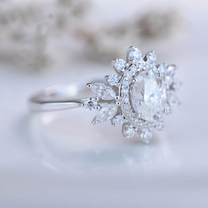 14K White Gold 1.5 Carat Oval Snowflake Halo Engagement Ring