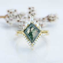 Load image into Gallery viewer, 14K White Gold 4 Carat Kite Moss Agate Halo Engagement Ring, Eternity Ring Set
