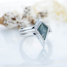Load image into Gallery viewer, 14K White Gold 3 Carat Kite Moss Agate Halo Engagement Ring, Three Rings Set
