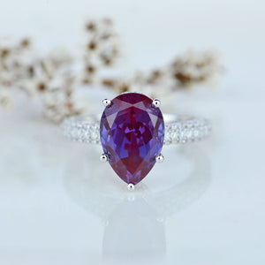 4 Carat Pear Cut Alexandrite Hidden Halo Gold Engagement Ring