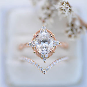 14K Rose Gold Ring 2CT Oval Vintage Wedding Ring, Oval Moissanite Halo Engagement Ring Set